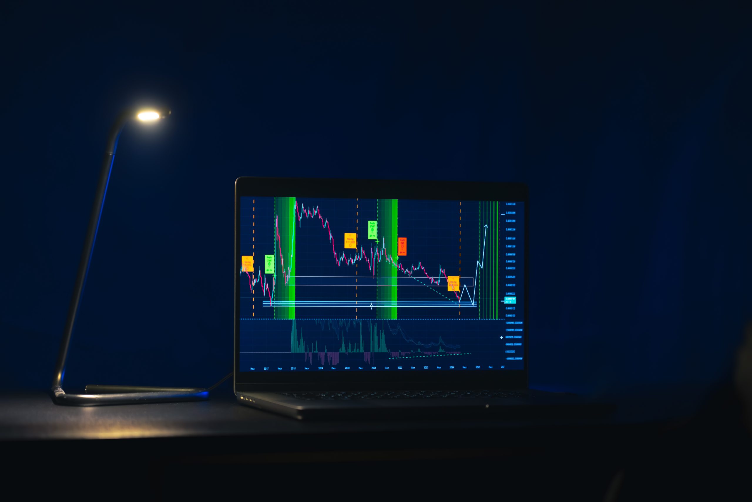 Trading stock. Stock market. Business graph. Trading investment. Broker. Stock exchange market. High quality photo. Trading investments on laptop screen in the dark.